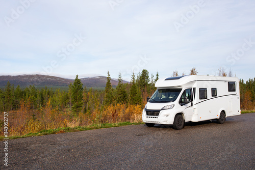 Wallpaper Mural White camper van parked in a serene pine forest, offering a tranquil escape into nature near Finland border Torontodigital.ca