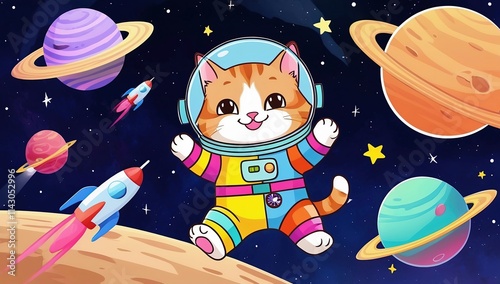 Astronaut cat floating in outer space, cartoon style