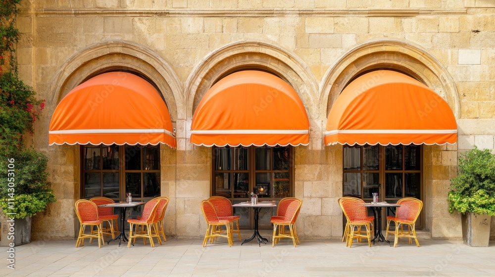 Obraz premium Three orange awnings shade a cafe's outdoor seating area against a stone building.
