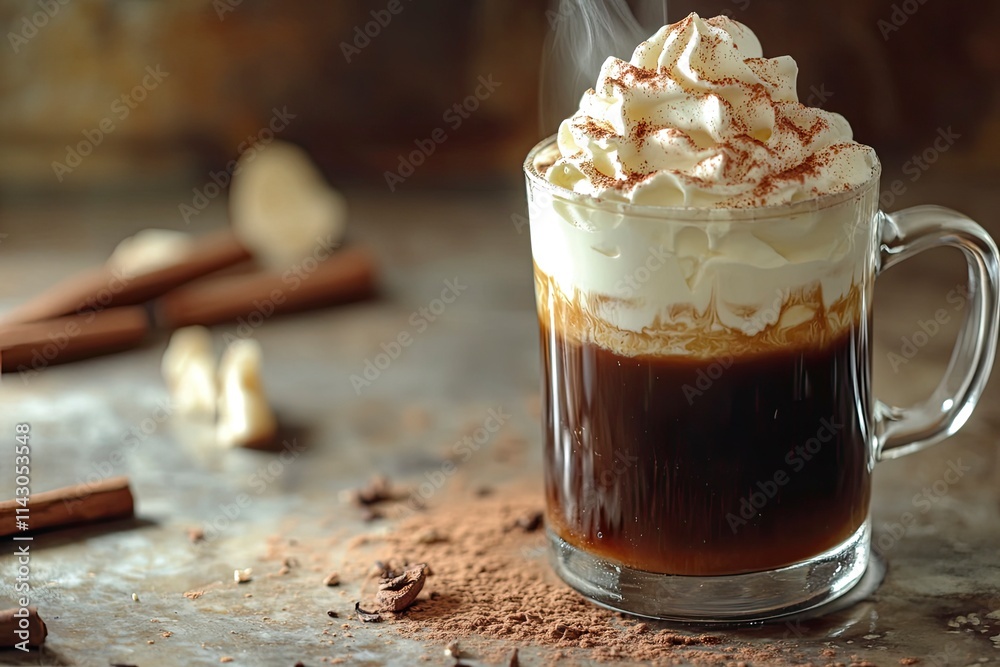 Pouring whipped cream into an Irish coffee with cinnamon on marble and brown background Pouring whipped cream into an Irish coffee with cinnamon on marble and brown background