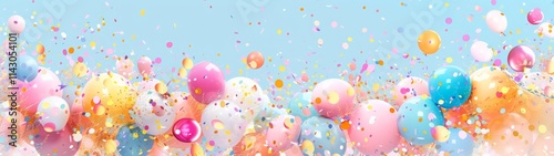 Colorful balloons and confetti flying in the air during a celebration party event with vibrant festive atmosphere. Generative AI