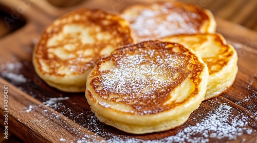 Delicious golden-brown pancakes dusted with powdered sugar on a wooden board. photo