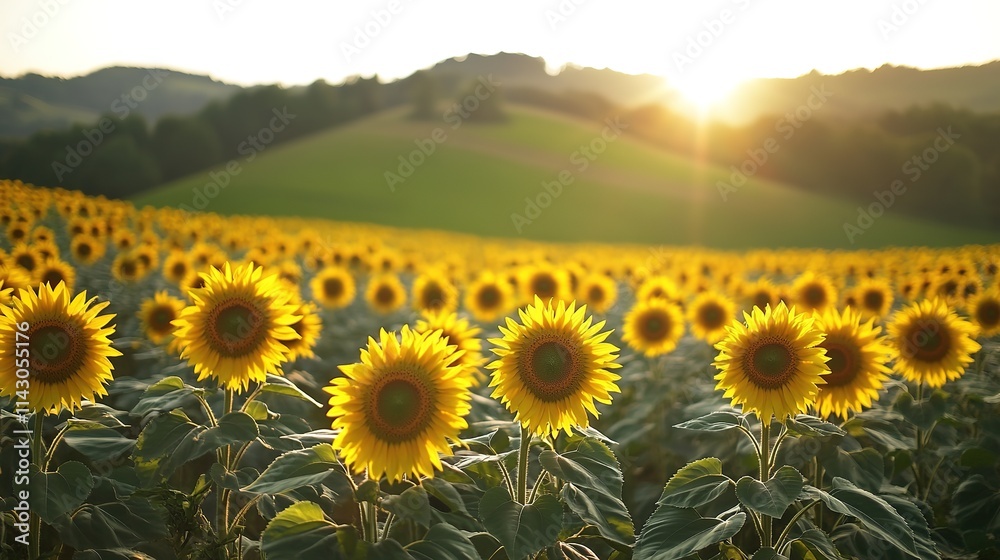 Obraz premium Sunset over vibrant sunflower field, warm tones, nature's beauty
