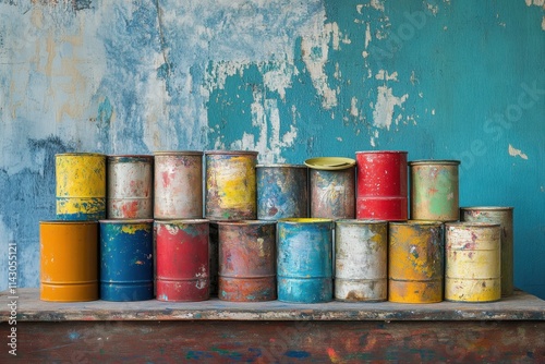 Old paint cans stacked against a weathered wall photo