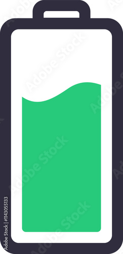 Simple icon featuring a half full battery charging, representing energy and power for electronic devices that require recharging to maintain optimal performance and efficiency