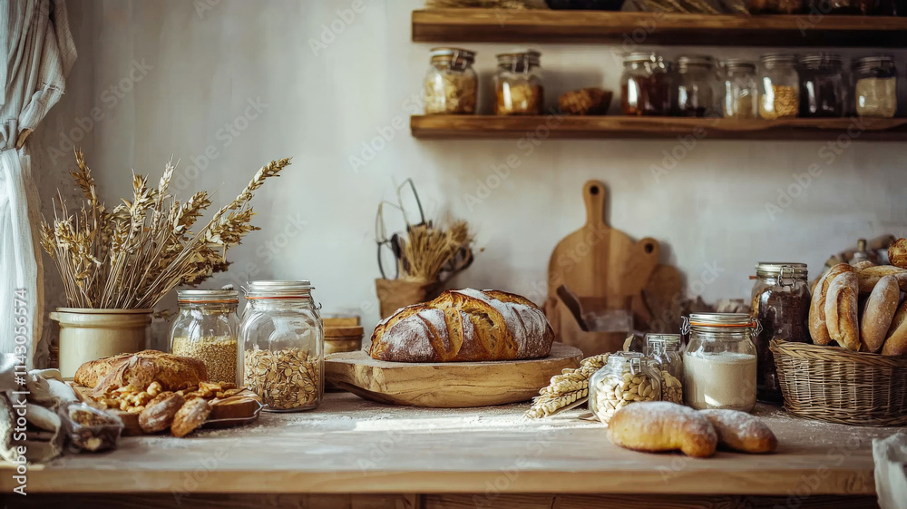A rustic bakery counter displaying freshly baked bread and pastries, surrounded by jars of ingredients, creating a cozy and delicious atmosphere that invites customers to indulge in homemade treats. A rustic bakery counter displaying freshly baked bread and pastries, surrounded by jars of ingredients, creating a cozy and delicious atmosphere that invites customers to indulge in homemade treats.