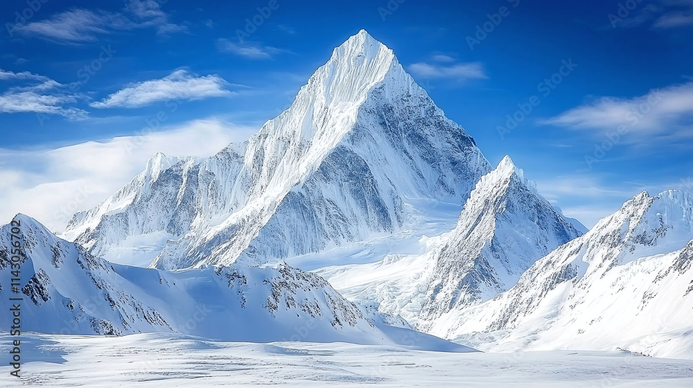 Obraz premium Snow capped mountain peaks, winter sky over cold alpine landscape, beautiful ice blue outdoor panorama, scenic white alps range, glacial wilderness view, frozen high ridges.