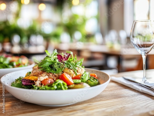 A vibrant, fresh salad beautifully presented in a bowl, accompanied by a glass of wine on a rustic table.