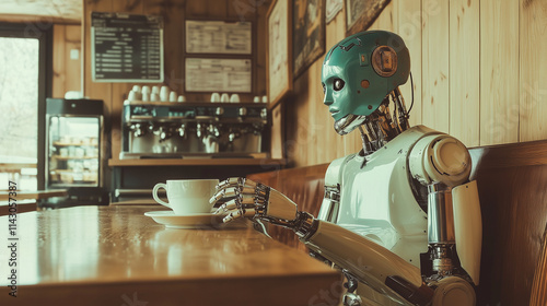 Retro styled humanoid robot sitting at a cafe table with a cup of coffee in a rustic setting photo