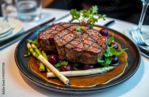 Ostrich steak served rare with white, green asparagus, garden greens. Delicious plate presentation with rich sauce. Restaurant setting, likely fine dining establishment. High-quality ingredients.