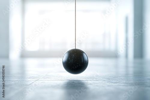 Hanging pendulum ball in a bright room, concept of motion and balance