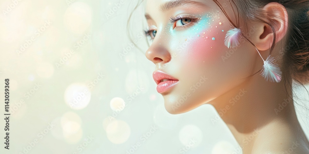 A woman with intricate makeup reflects a soft, artistic style, featuring pastel colors and delicate designs. The atmosphere is bright and inviting. Generative AI A woman with intricate makeup reflects a soft, artistic style, featuring pastel colors and delicate designs. The atmosphere is bright and inviting. Generative AI