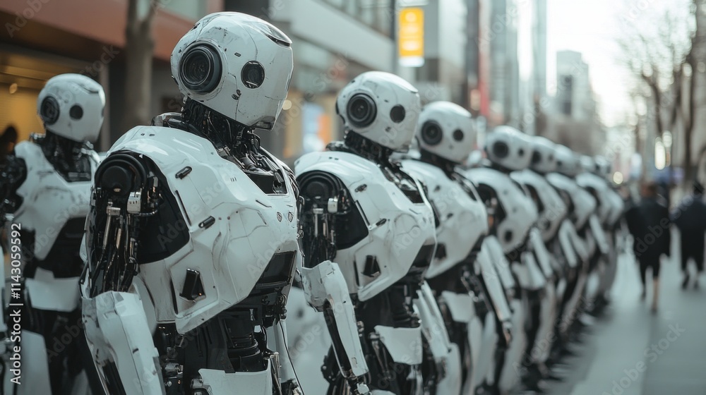 Fototapeta premium Group of futuristic robots in an outdoor setting