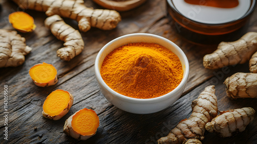 Aerial Composition of Fresh Turmeric Roots and Powdered Turmeric with Herbal Tea Demonstrating Healing Properties