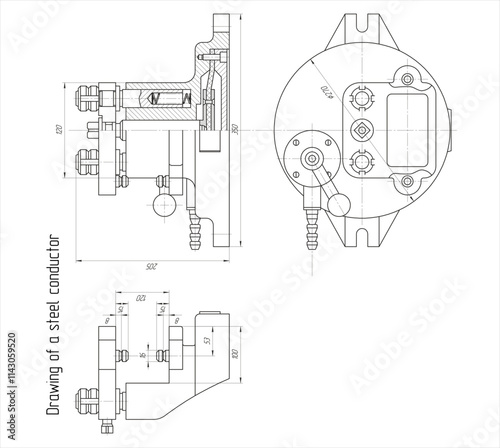 Vector conductor.
Engineering mechanical assembly drawing of steel device
with dimension lines and cross section. Industrial technic 
cad scheme on white paper sheet. 
Automatic machine. 
