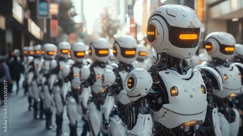 Wallpaper Mural Group of futuristic humanoid robots in a factory Torontodigital.ca