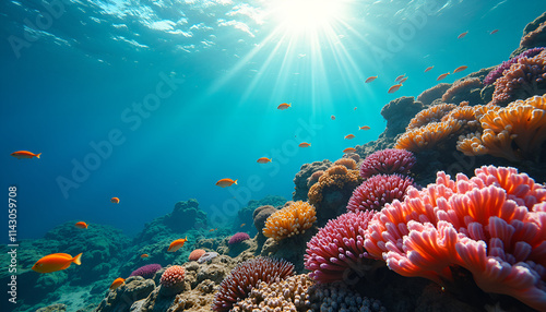 Wallpaper Mural Vibrant underwater coral reef with colorful fish and sun rays in clear blue ocean, Coral reef with fish, World Wildlife Day Torontodigital.ca