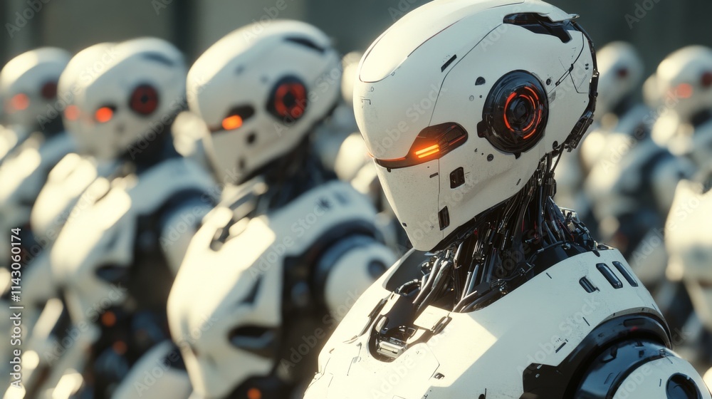 Futuristic robots gathered in a high-tech facility Futuristic robots gathered in a high-tech facility