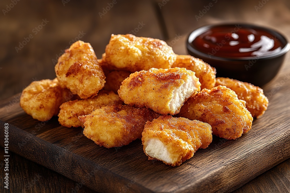 Breaded chicken strips or nuggets with two kinds of sauces and fried potatoes on a wooden Board. Fast food on dark brown background. with copy space Breaded chicken strips or nuggets with two kinds of sauces and fried potatoes on a wooden Board. Fast food on dark brown background. with copy space