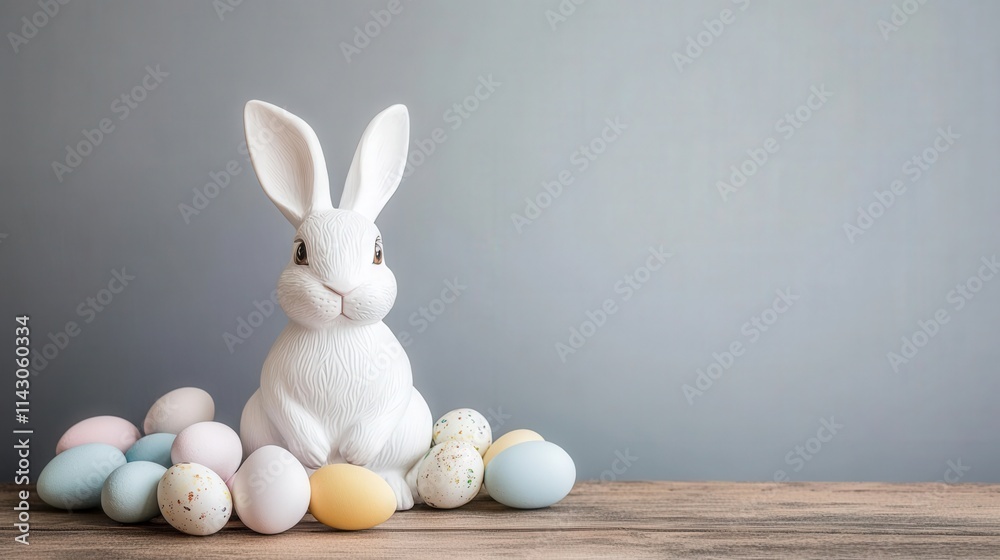 mock-up featuring a white ceramic Easter bunny surrounded by colorful eggs on a wooden table