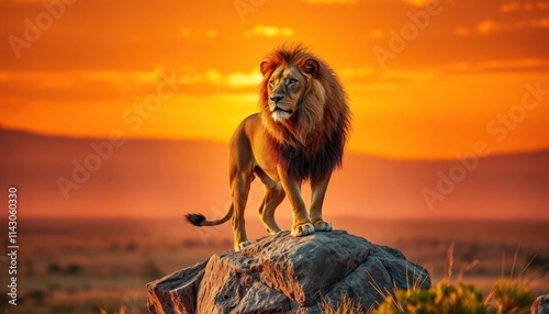 Majestic lion stands strong on rocky outcrop at golden sunset. Powerful animal embodies leadership, strength. Dramatic colors of sunset paint backdrop. Natural beauty, wildlife of Africa. Iconic photo