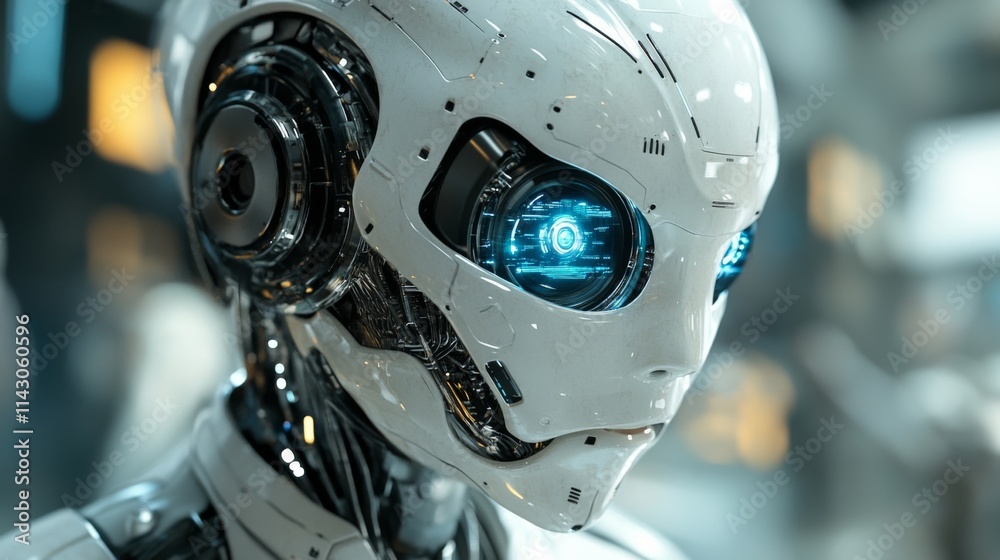 Closeup of humanoid robot with glowing blue eyes