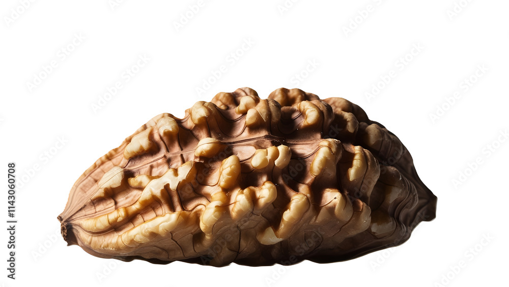 A whole walnut isolated on a white background, showcasing its rough shell and natural color. The image captures the nut's unique and shape A whole walnut isolated on a white background, showcasing its rough shell and natural color. The image captures the nut's unique and shape