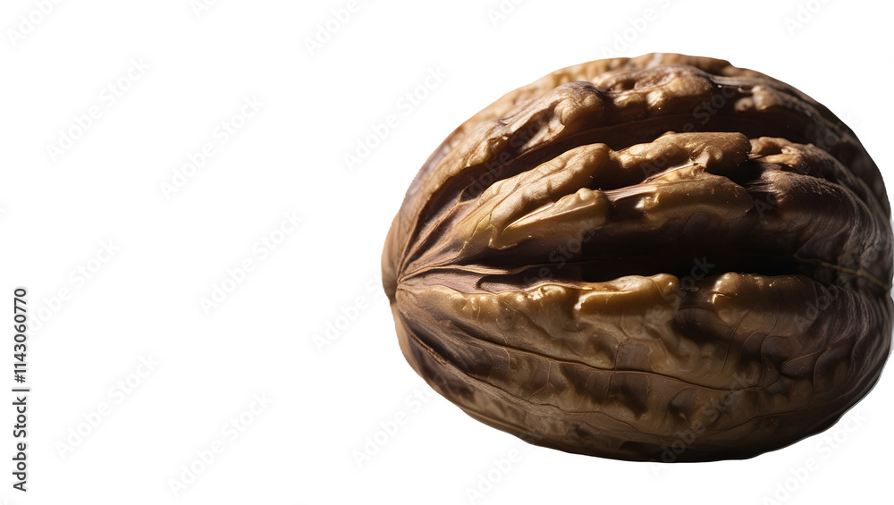 A whole walnut isolated on a white background, showcasing its rough shell and natural color. The image captures the nut's unique and shape A whole walnut isolated on a white background, showcasing its rough shell and natural color. The image captures the nut's unique and shape