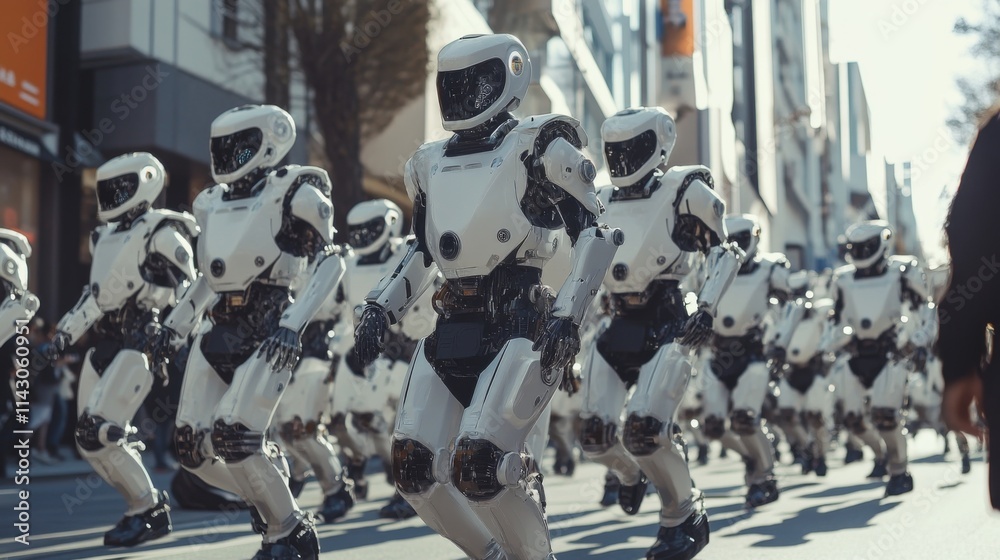 Obraz premium Group of futuristic robots walking together in an organized formation