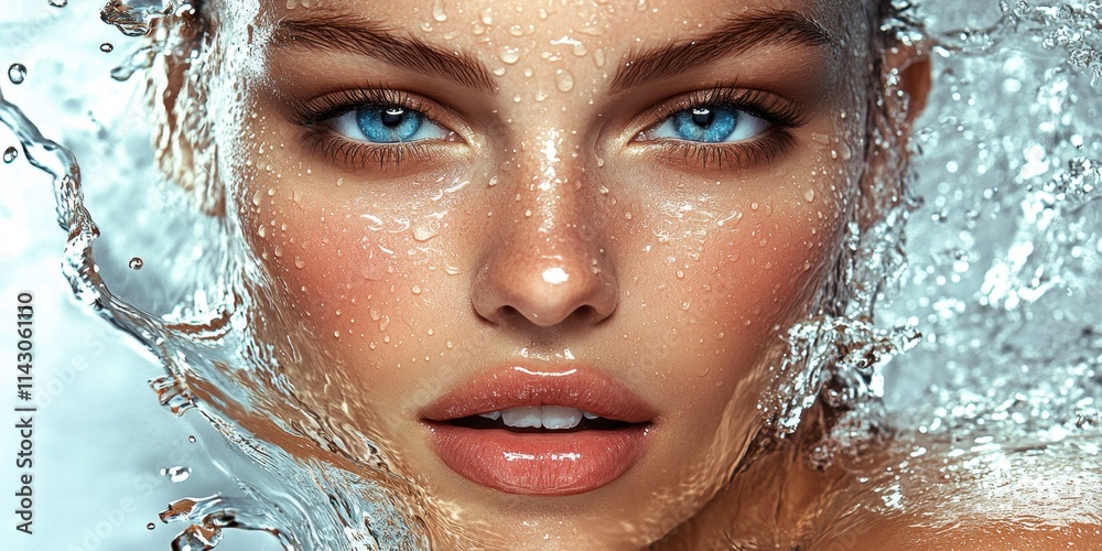 A woman with striking blue eyes is immersed in water, droplets glistening on her skin, showcasing beauty and tranquility in an ethereal underwater atmosphere. Generative AI