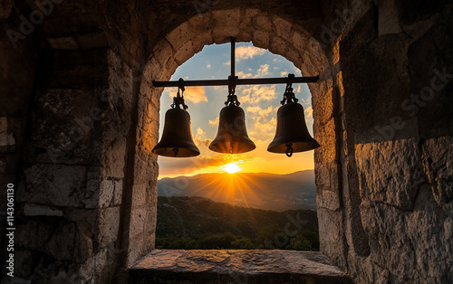 Sunrise or sunset through church bells in an old stone building overlooking mountains. 