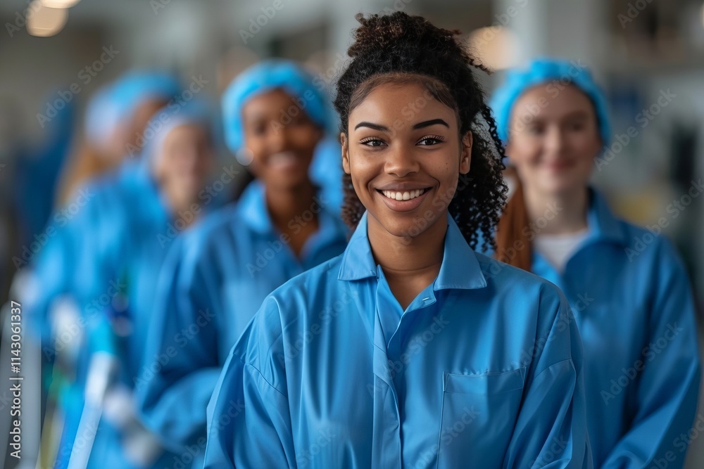 Multiethnic Janitorial Team Poses Happily in Blue T-Shirts with Equipment Multiethnic Janitorial Team Poses Happily in Blue T-Shirts with Equipment