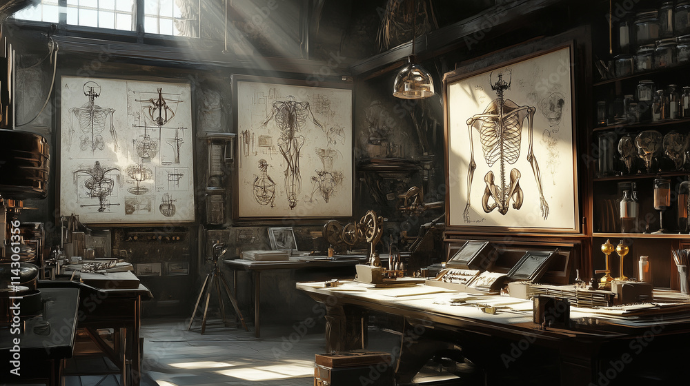 An artistâÂÂs workshop with Leonardo-style sketches of machines and human anatomy, illuminated by beams of soft light An artistâÂÂs workshop with Leonardo-style sketches of machines and human anatomy, illuminated by beams of soft light