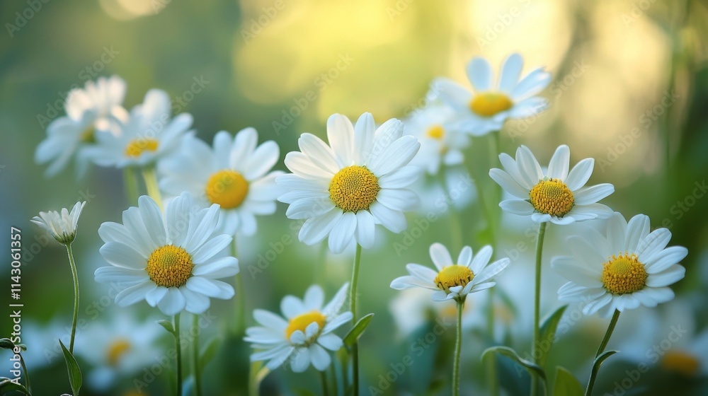 Fototapeta premium Close-up of white daisies blooming in a sunlit field