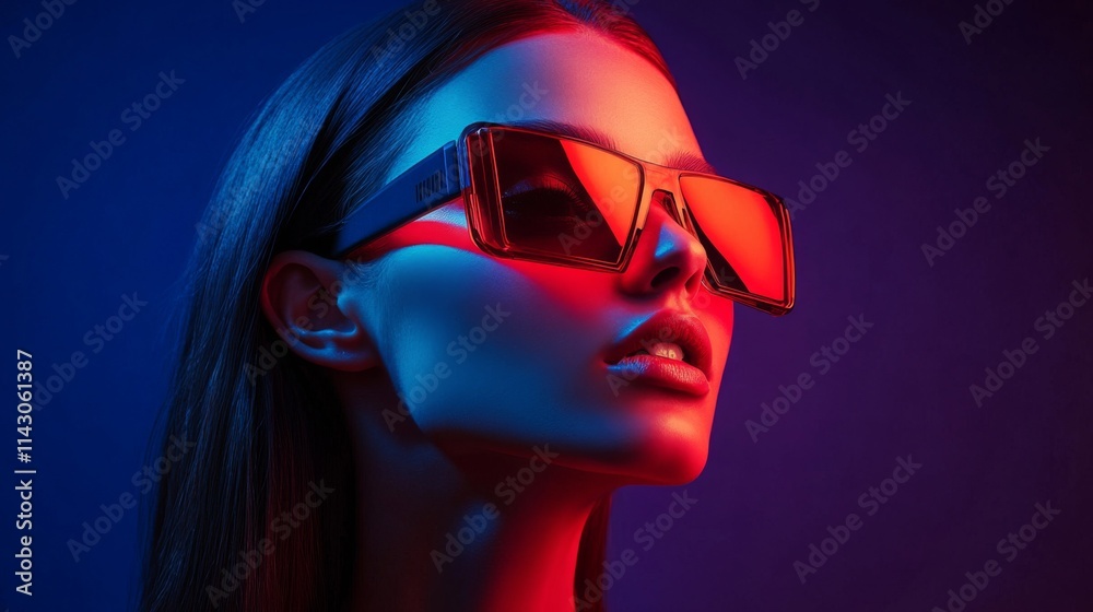 Side profile of a woman in futuristic purple sunglasses under neon lights Side profile of a woman in futuristic purple sunglasses under neon lights
