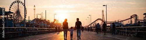 Family walking on a wooden pier at sunset with long shadows. Ferris wheel and roller coasters in the background. Summer amusement park and boardwalk concept. Travel and vacation photography.