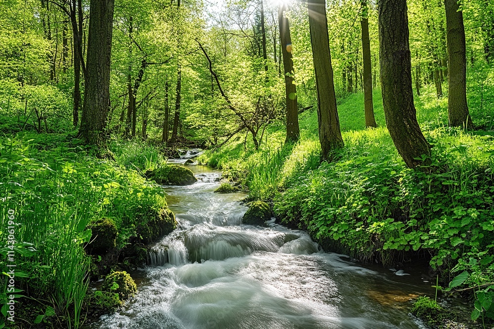 Obraz premium Spring forest stream flows surrounded by lush greenery.