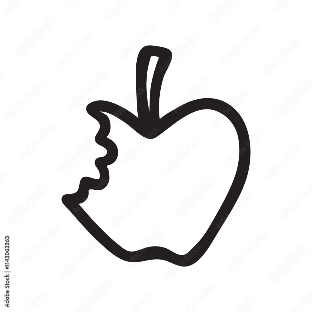 Fototapeta premium Bitten Apple doodle icon or logo, hand drawn with thin line. PNG isolated on transparent background and vector illustration