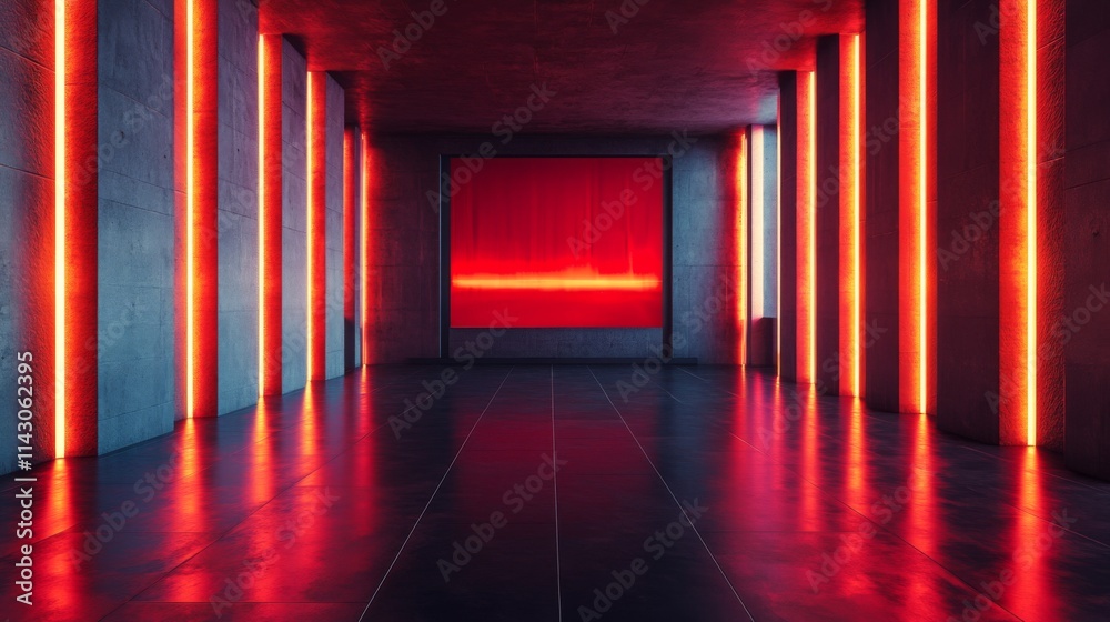 Glowing red neon lights illuminating a futuristic hallway Glowing red neon lights illuminating a futuristic hallway
