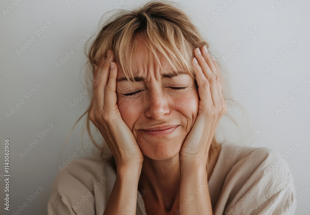 Woman expresses frustration with hands on her face in a neutral setting Woman expresses frustration with hands on her face in a neutral setting