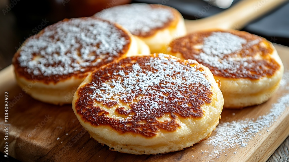 Four golden-brown pancakes dusted with powdered sugar on a wooden board. Four golden-brown pancakes dusted with powdered sugar on a wooden board.