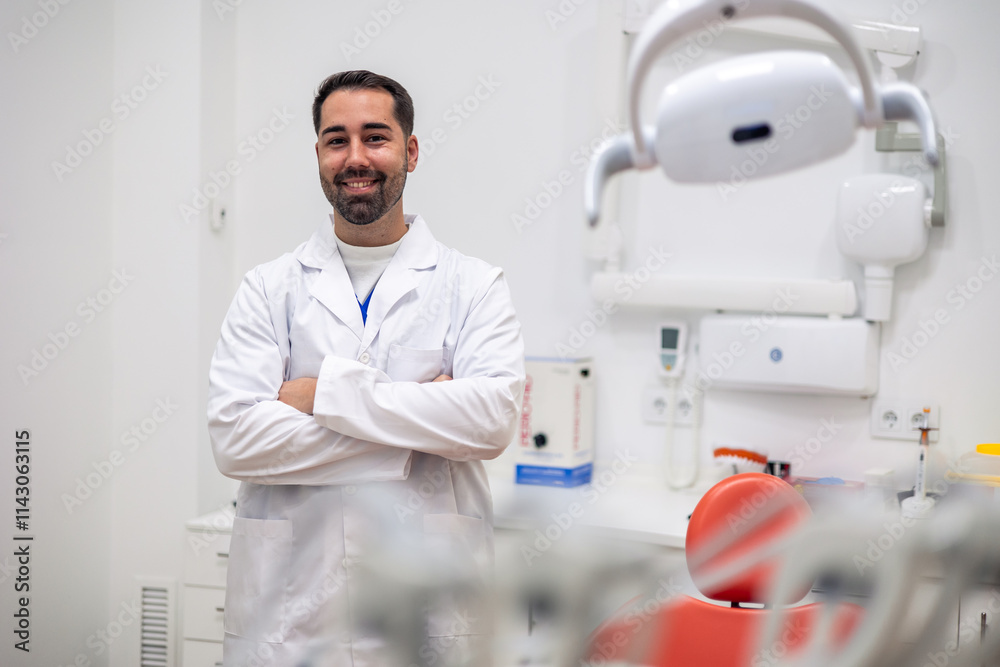 Portrait of dentist smiling with crossed arms in dental clinic