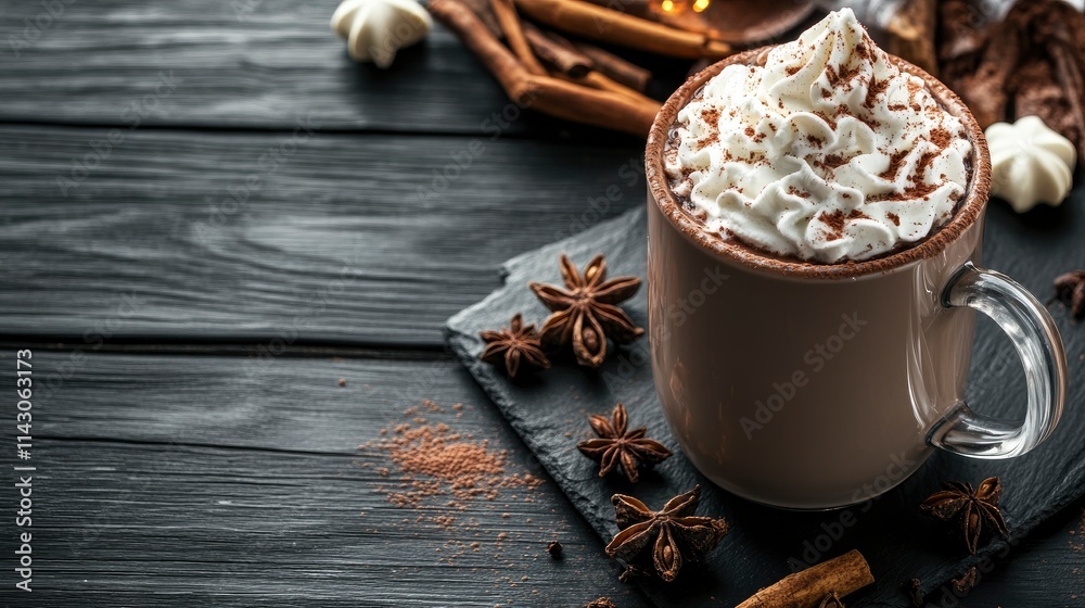 Tasty hot cocoa drink with whipped cream in mug and spices on black wooden table, space for text Tasty hot cocoa drink with whipped cream in mug and spices on black wooden table, space for text