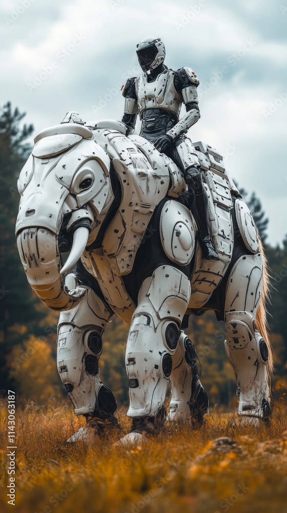 Fototapeta premium Futuristic warrior wearing armor and standing in an orange field