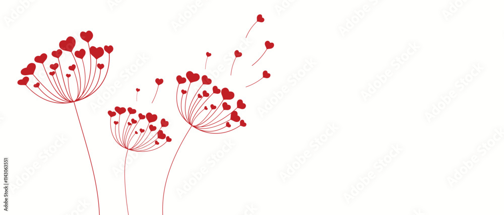 Dandelion with hearts. Happy Valentine's Day greeting card. Lovely romance flower. Congratulations with Love. Valentine's Day Spring and Summer Vector illustration background.