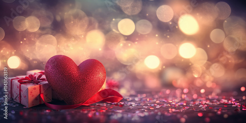 Red heart on Valentine's day love with gift boxes ribbon and blurry lights in the background banner