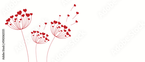 Obraz na płótnie Dandelion with hearts. Happy Valentine's Day greeting card. Lovely romance flower. Congratulations with Love. Valentine's Day Spring and Summer Vector illustration background. w salonie