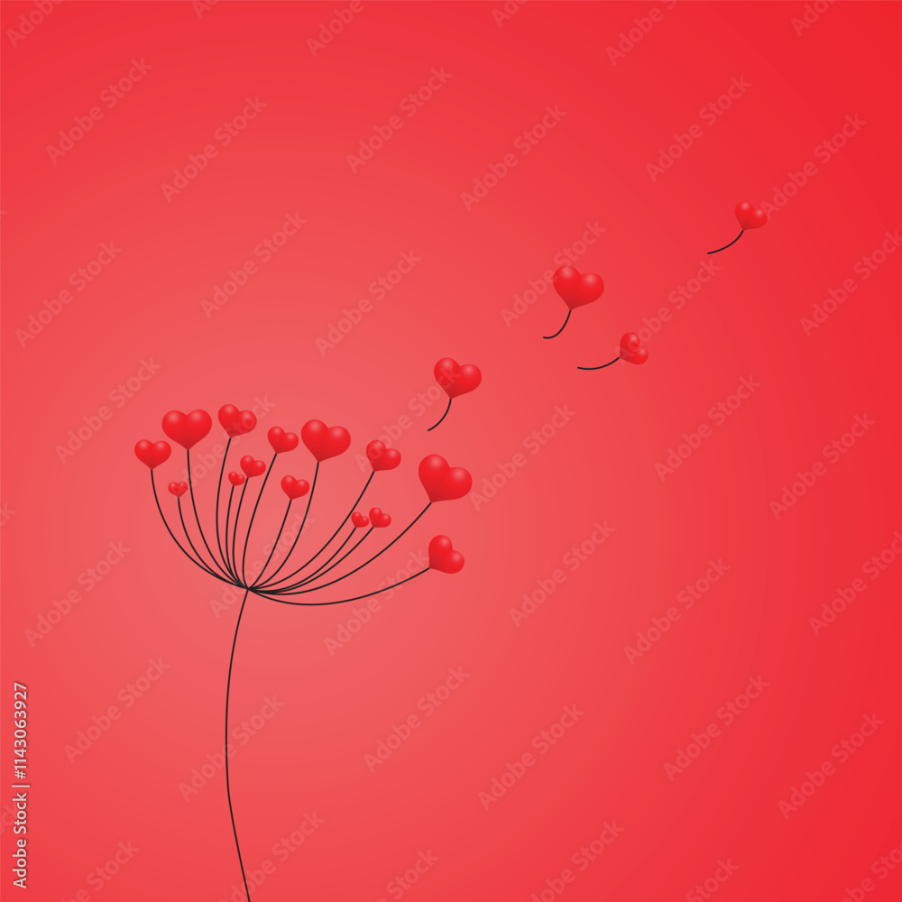 Dandelion with hearts. Happy Valentine's Day greeting card. Lovely romance flower. Congratulations with Love. Valentine's Day Spring and Summer Vector illustration background.