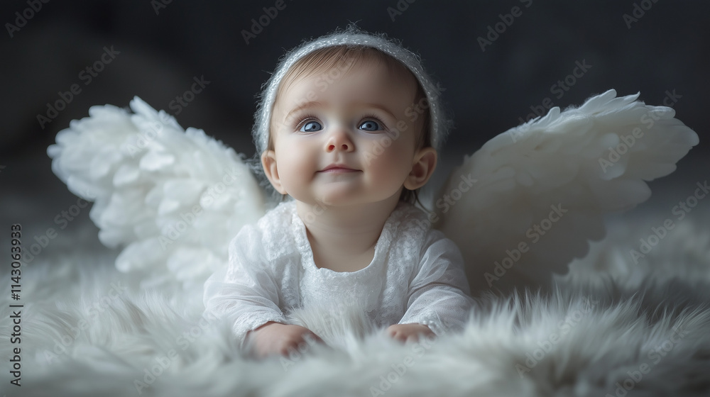 Precious baby dressed as an angel with white feathered wings resting on a soft fur blanket Precious baby dressed as an angel with white feathered wings resting on a soft fur blanket