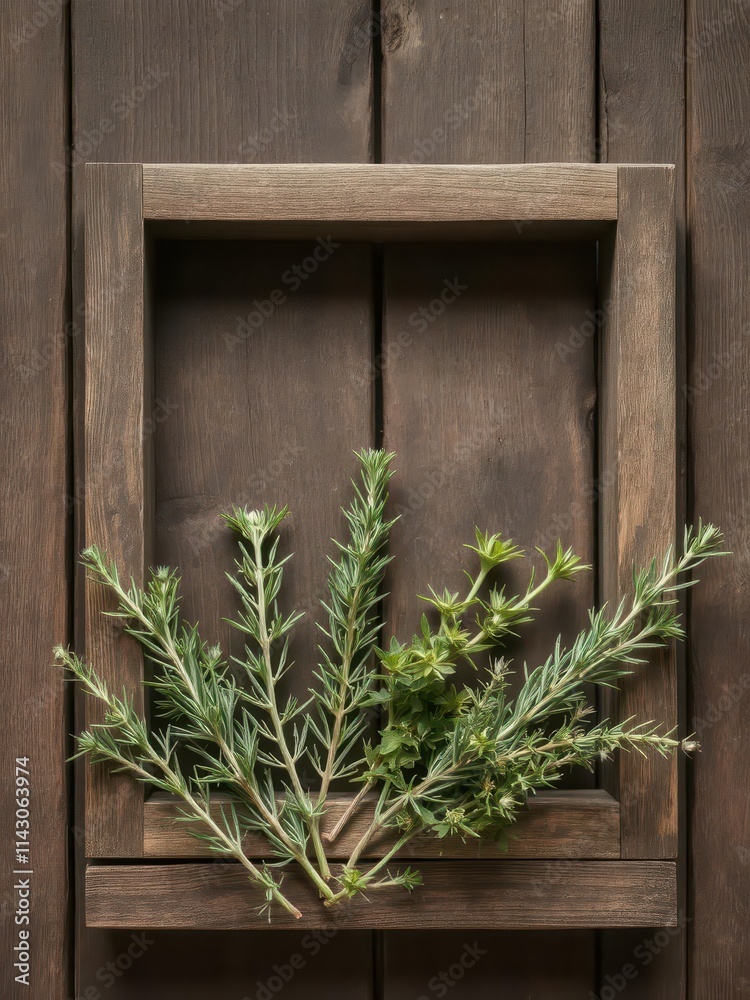 Rustic wooden frame holding sprigs of rosemary and thyme, aroma, cooking Rustic wooden frame holding sprigs of rosemary and thyme, aroma, cooking